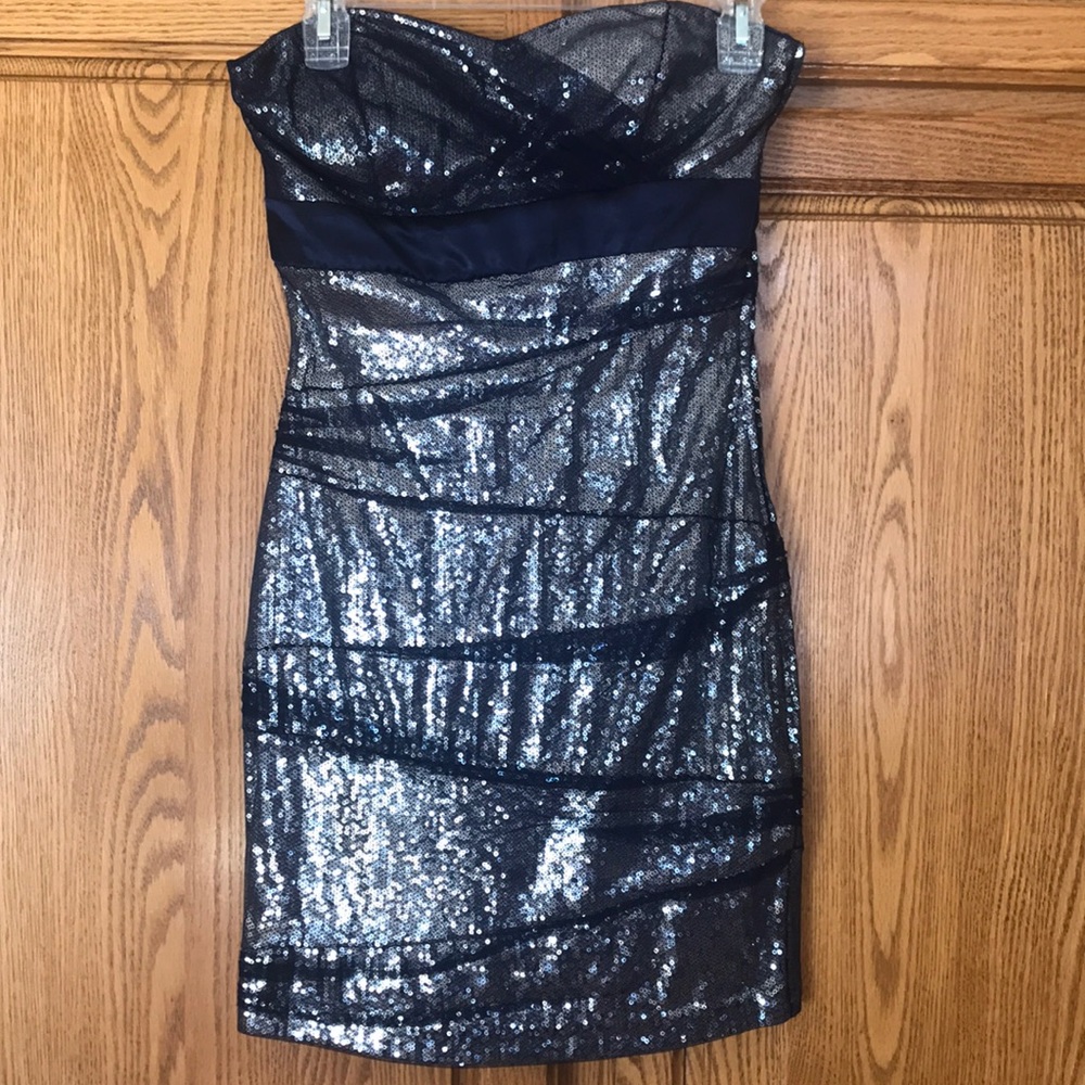 Silver sequence mini strapless dress with blue overlay. Size 7/8 juniors